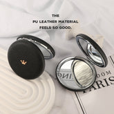 1PC Round Environment-friendly Leather  Folding Double Side Compact Mirror 2X Magnification Beautiful Metal Crown Decoration Can Be Used As A Gift For Mom Sister Or Friend Suitable As A Gift For Various Festivals And Also Suitable For Various Occasions